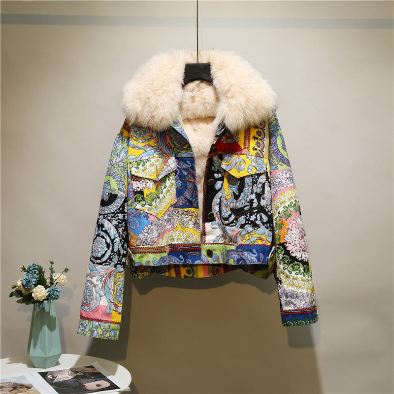 Women's Vintage Printing Denim Plush Thickened Coat