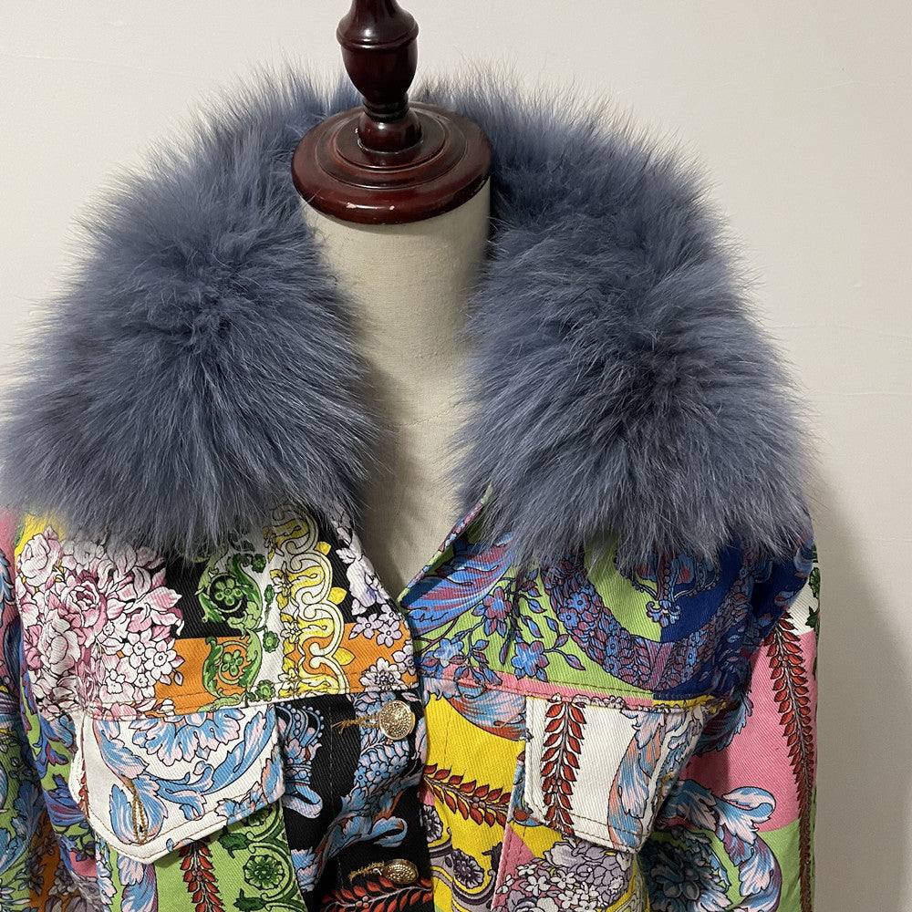 Women's Vintage Printing Denim Plush Thickened Coat