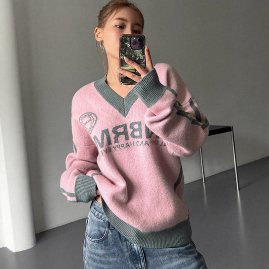 Hot Girl Loose Preppy Style Casual Contrast Color Lazy Sweater