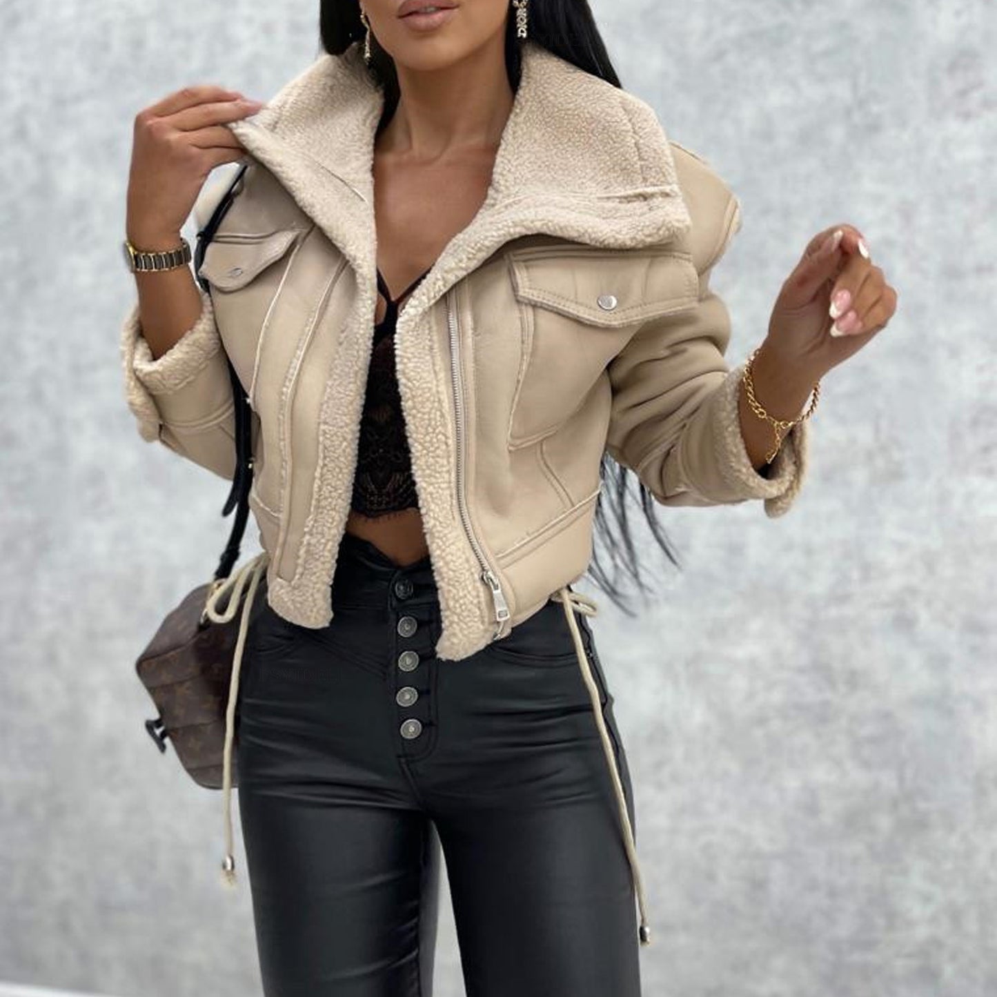 Autumn And Winter New Lamb Wool Short Coat Zipper Motorcycle Style PU Leather Jacket Tops For Women