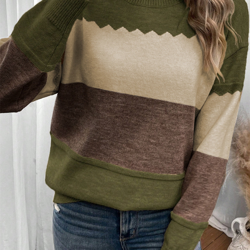 Women's Pullover Round Neck Long Sleeves Color Matching Sweater