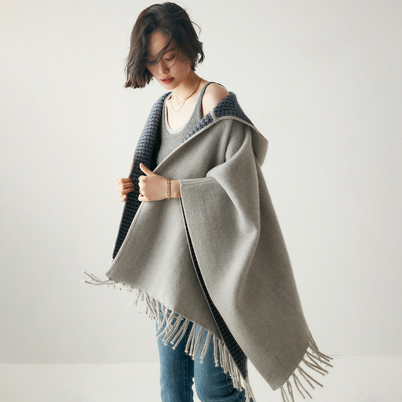 Thickened Air Layer Tassel Hooded Shawl Cape