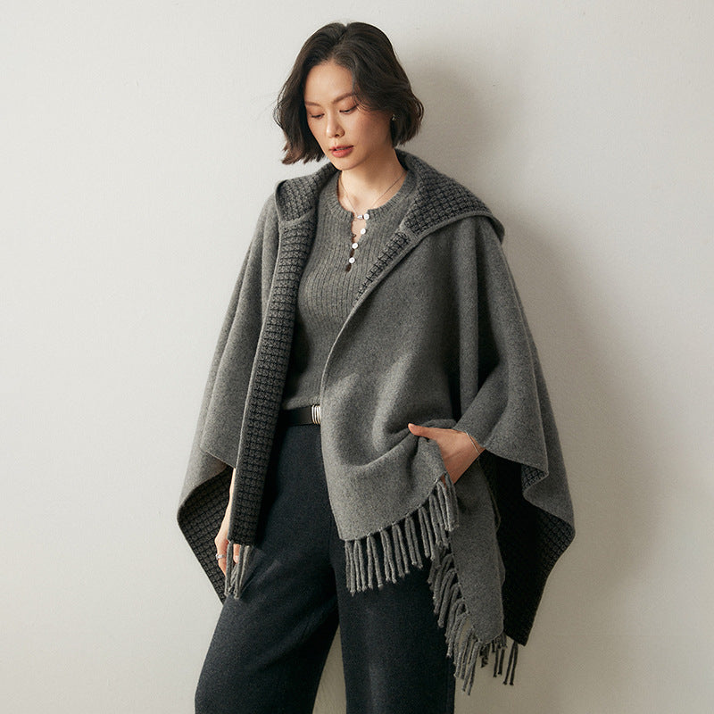 Thickened Air Layer Tassel Hooded Shawl Cape