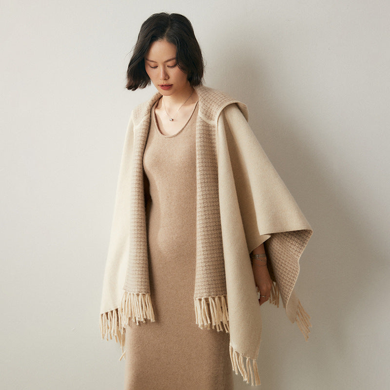 Thickened Air Layer Tassel Hooded Shawl Cape