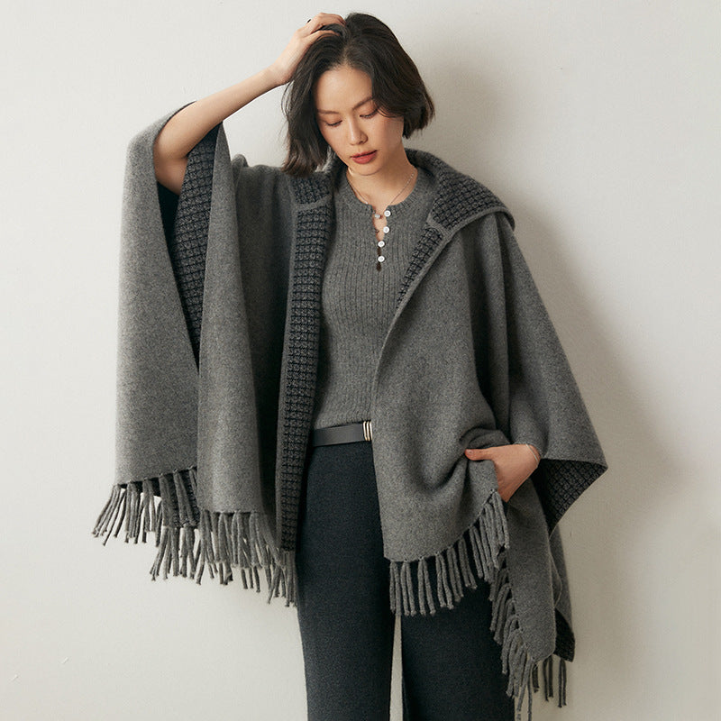 Thickened Air Layer Tassel Hooded Shawl Cape