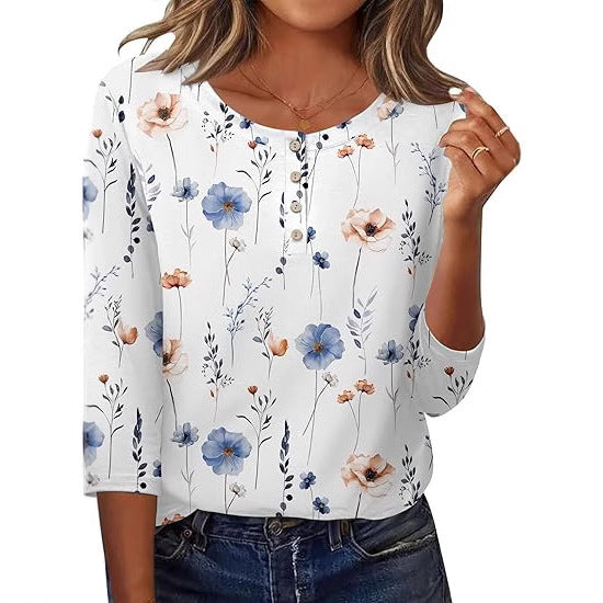 Printed 34 Sleeves Button Women's T-shirt
