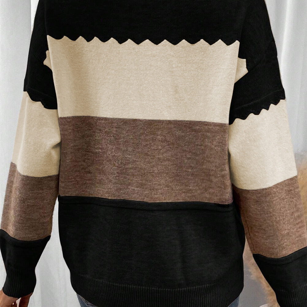 Women's Pullover Round Neck Long Sleeves Color Matching Sweater