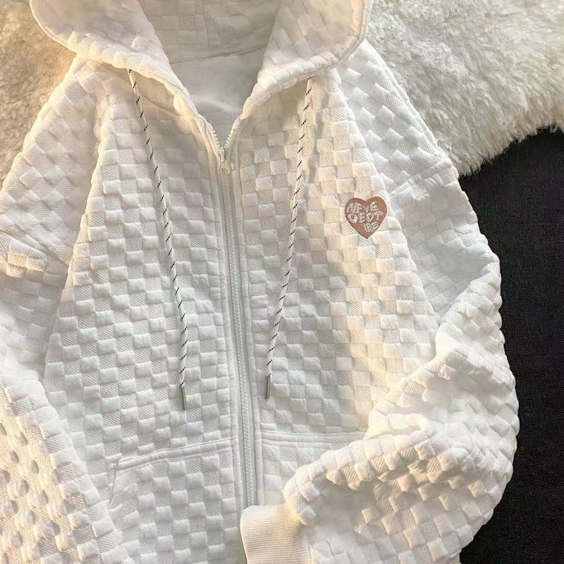 Women's Loose Waffle Hooded Sweatshirt Korean Style Versatile Design Long-sleeved Cardigan Jacket