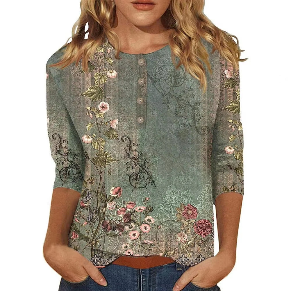 Printed 34 Sleeves Button Women's T-shirt
