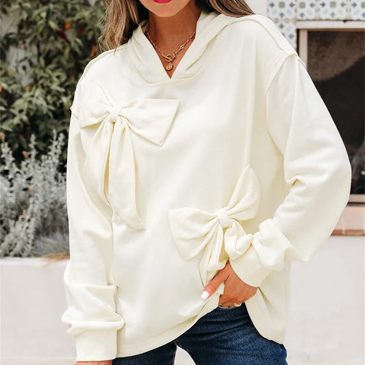 White Solid Color Cute Bow Detail Loose Hoodie