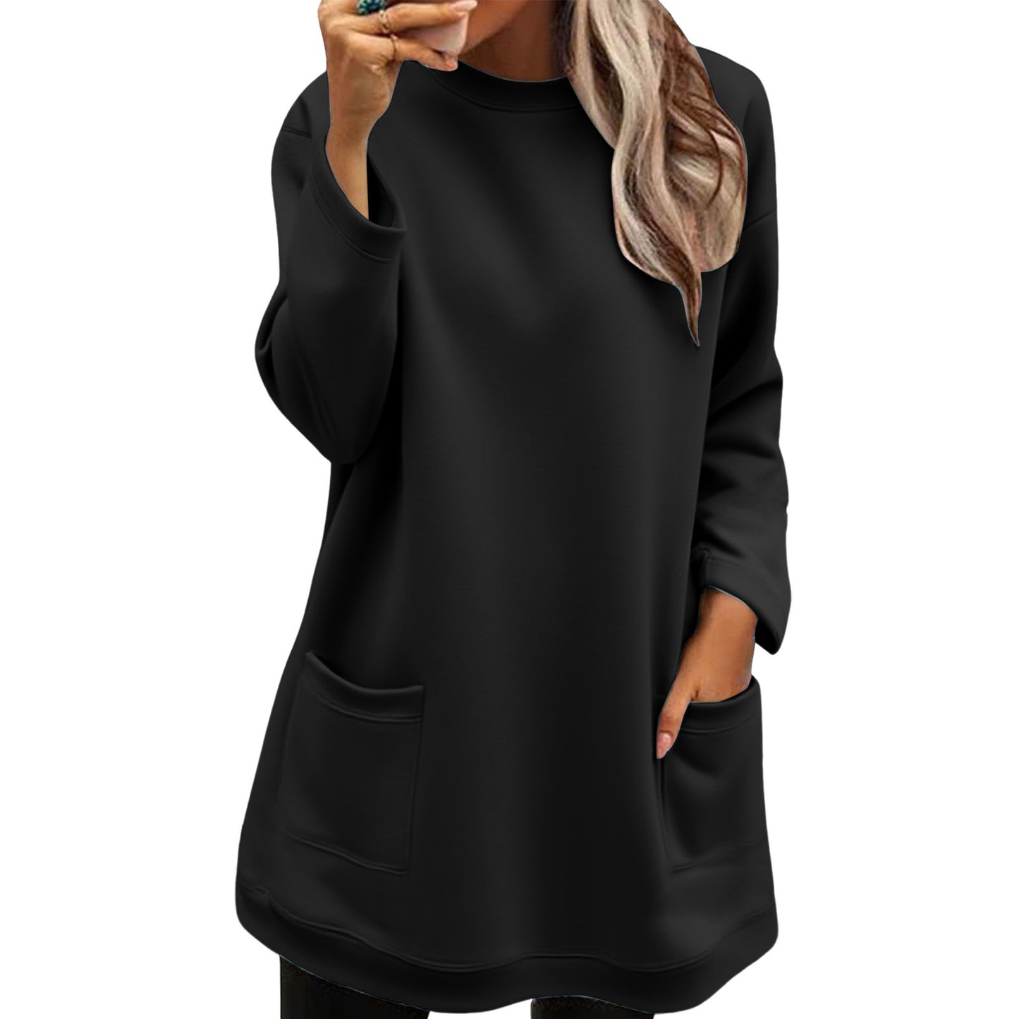 Pocket Pullover Crew Neck Long Sweatshirt