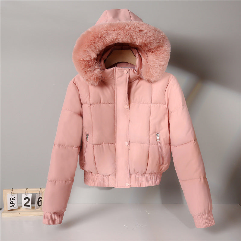 Thickened Fleece Jacket, Fashionable And Petite Hooded Short Long-sleeved Cotton Jacket