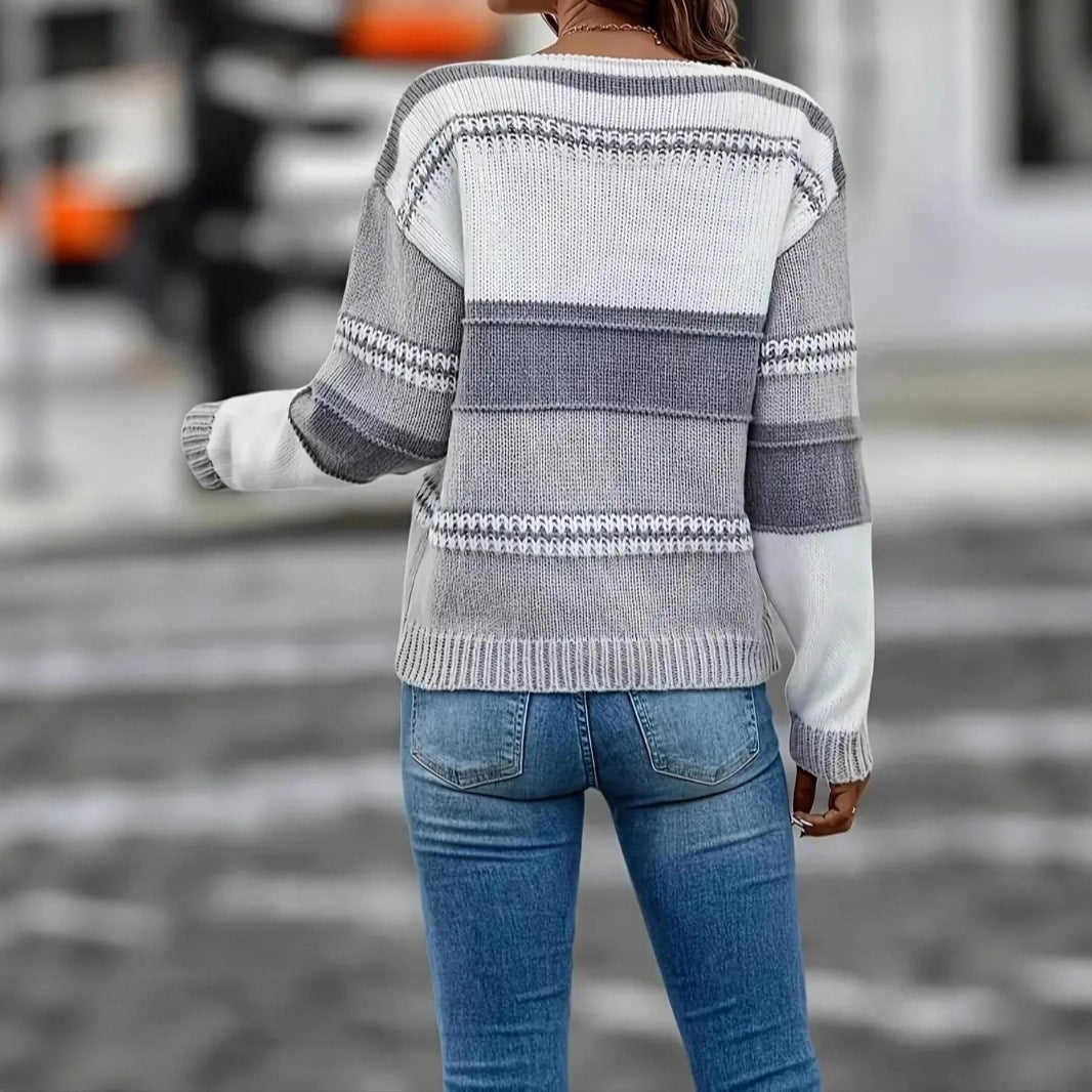 Loose V-neck Color-block Striped Sweater