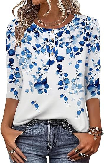 Printed 34 Sleeves Button Women's T-shirt