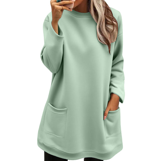 Pocket Pullover Crew Neck Long Sweatshirt