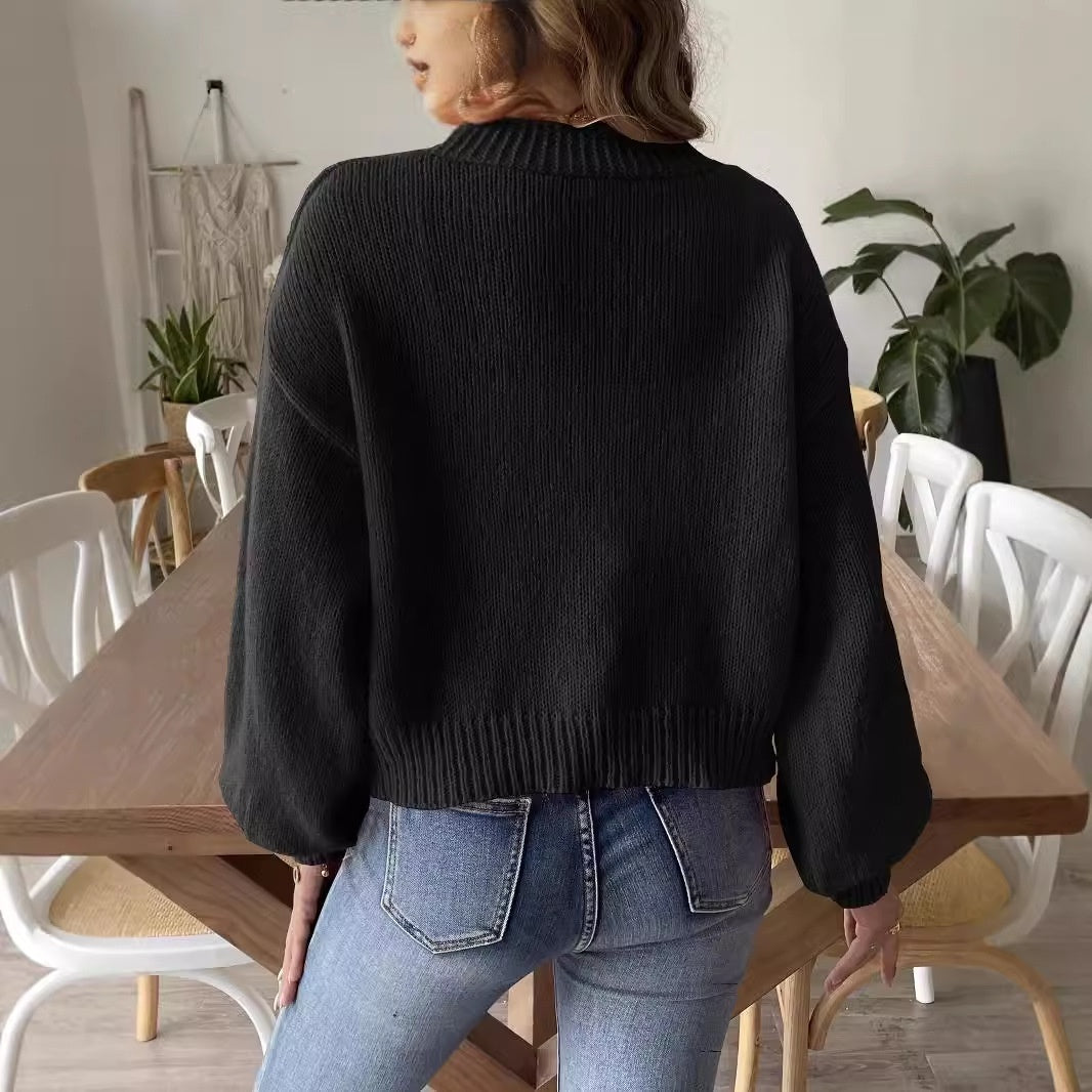 Women's Short Pearl Beaded Casual Loose Non-buckle Woven Sweater Coat