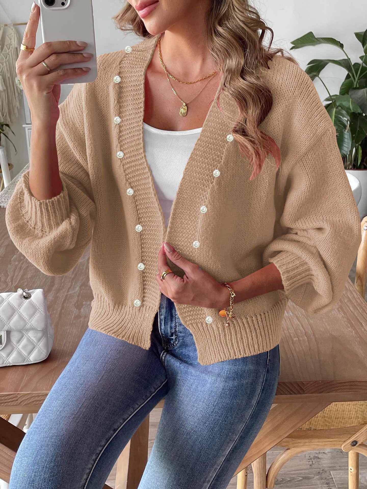 Women's Short Pearl Beaded Casual Loose Non-buckle Woven Sweater Coat
