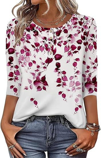 Printed 34 Sleeves Button Women's T-shirt