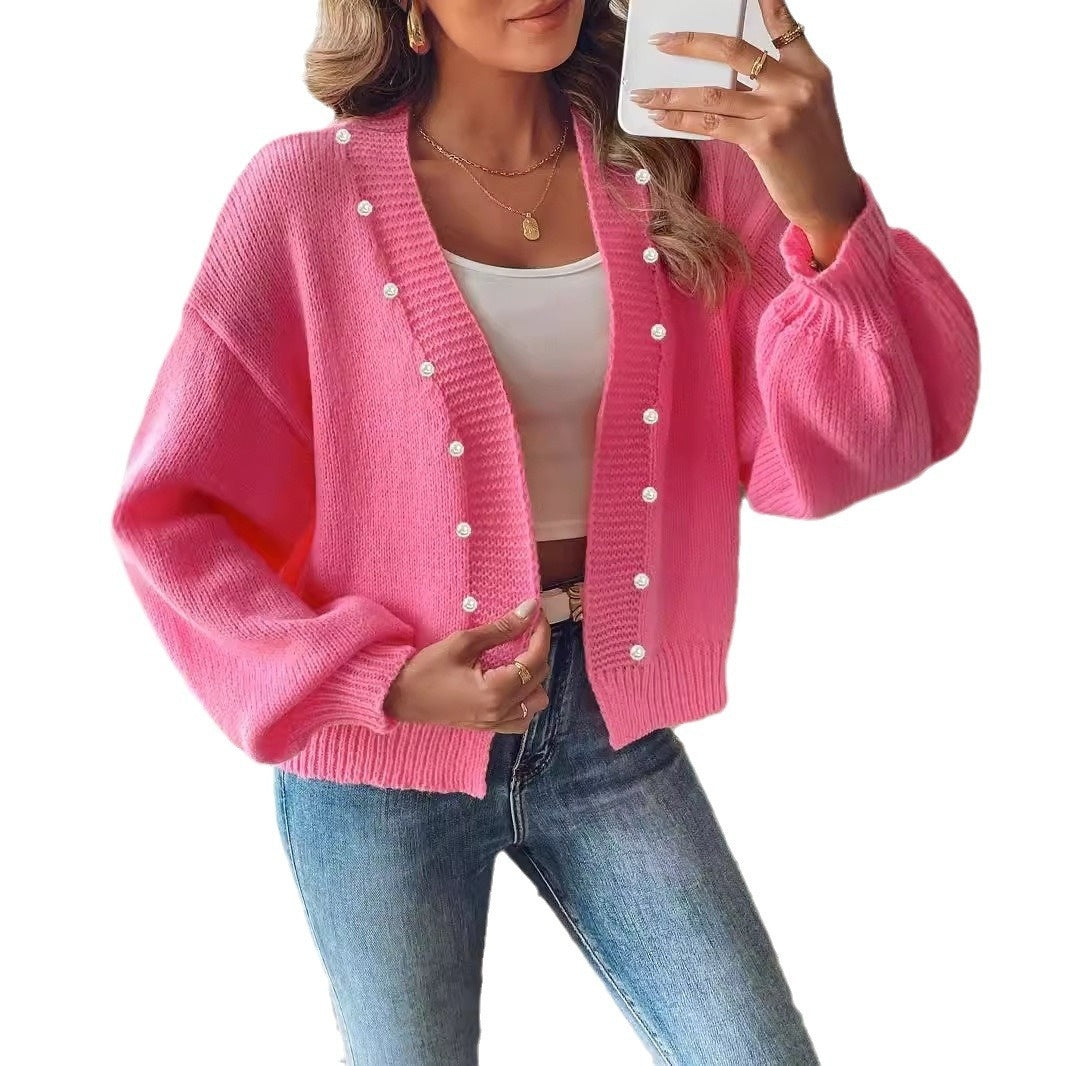 Women's Short Pearl Beaded Casual Loose Non-buckle Woven Sweater Coat