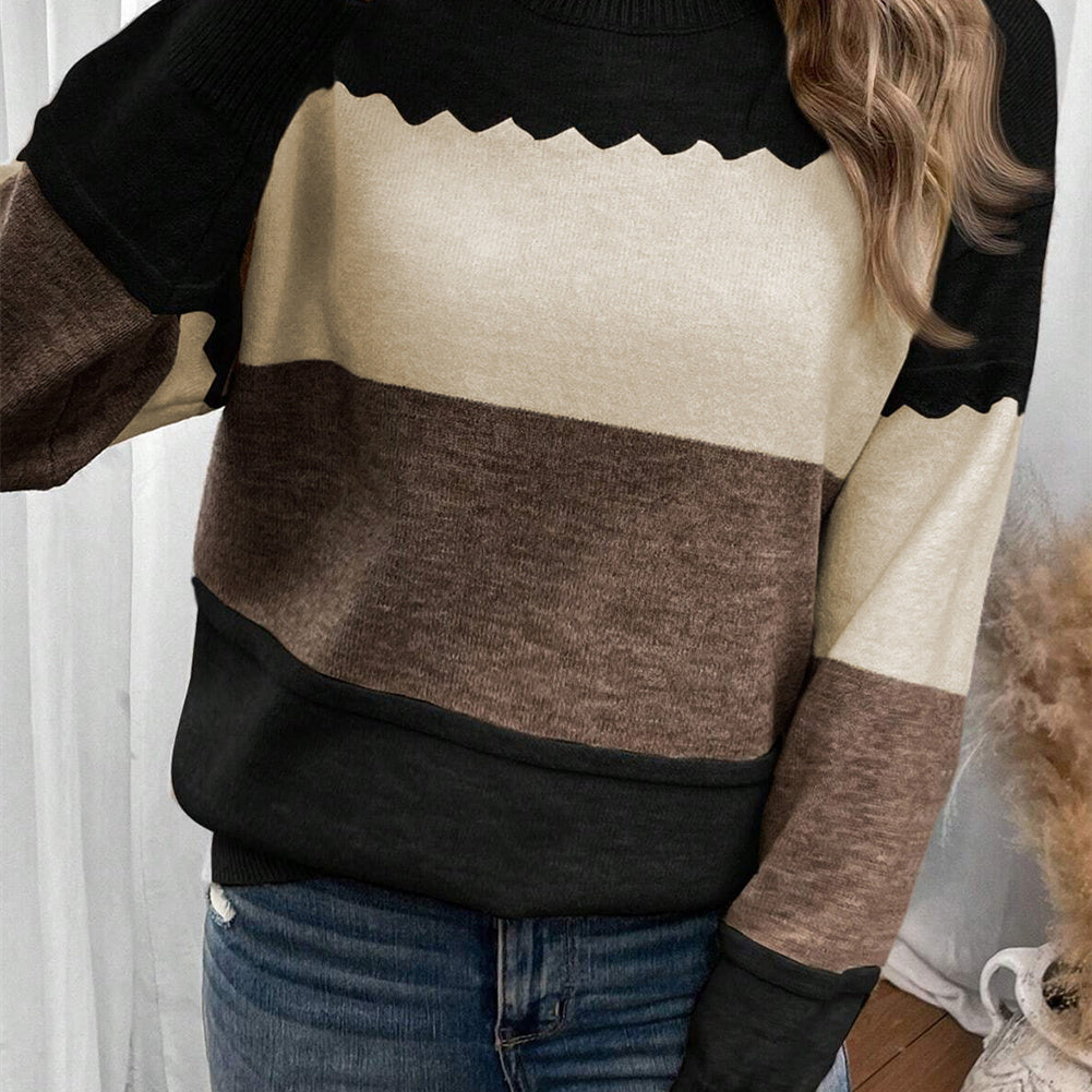 Women's Pullover Round Neck Long Sleeves Color Matching Sweater