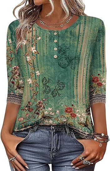 Printed 34 Sleeves Button Women's T-shirt