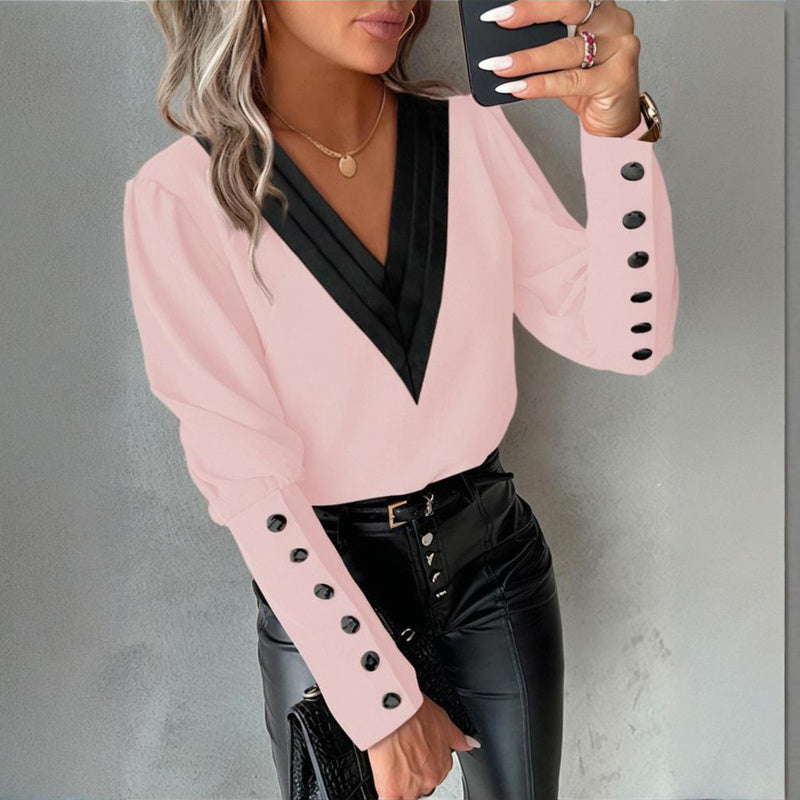 Women's V-Neck Contrast Trim Long Sleeve Blouse With Button Cuff Detail - Casual Comfort Top For Spring&Fall