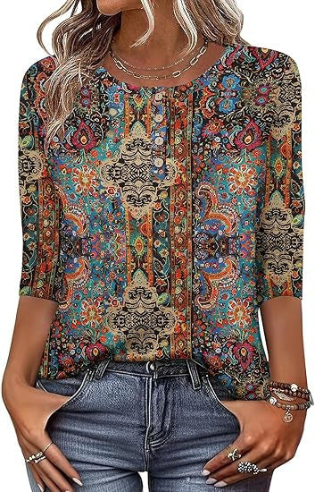 Printed 34 Sleeves Button Women's T-shirt