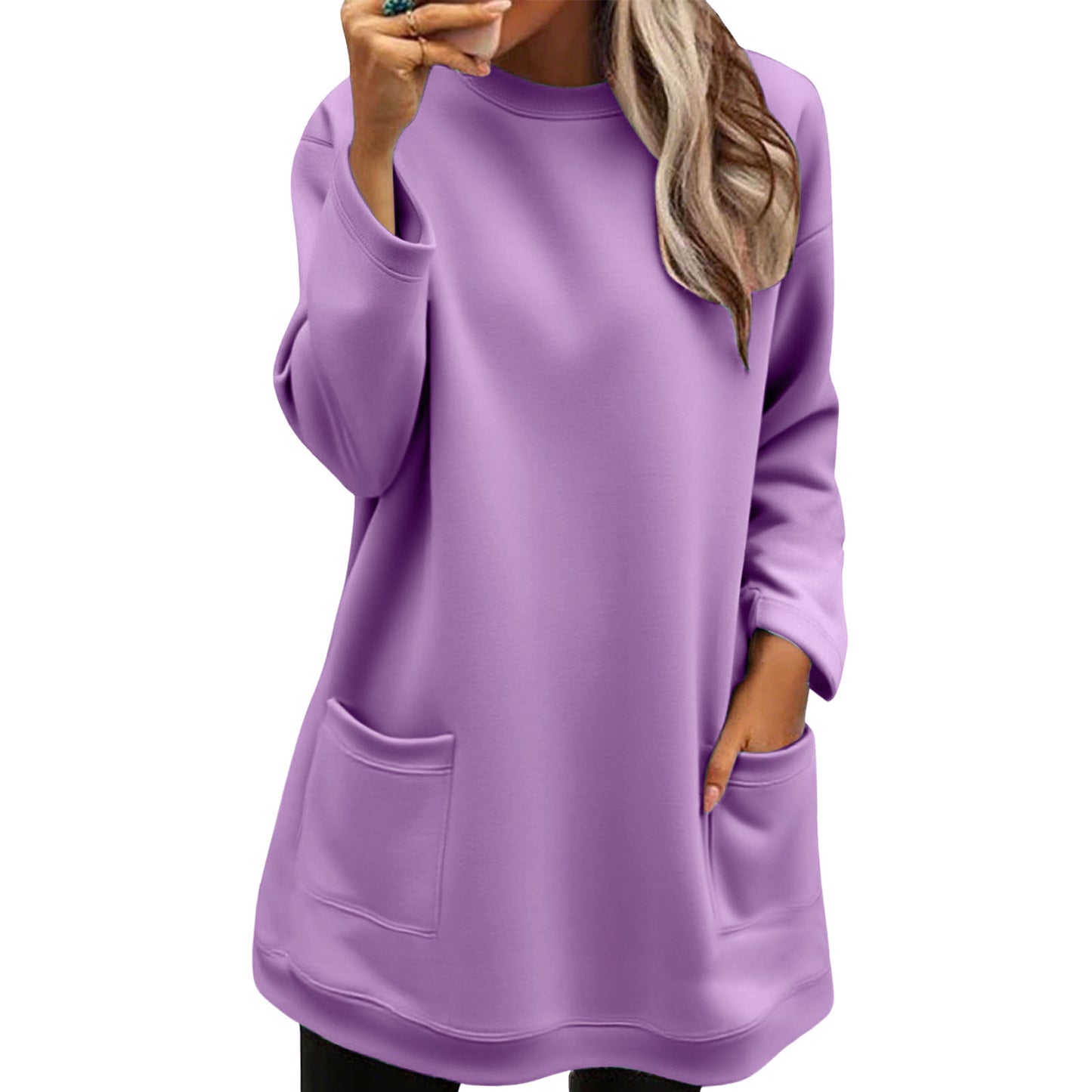 Pocket Pullover Crew Neck Long Sweatshirt
