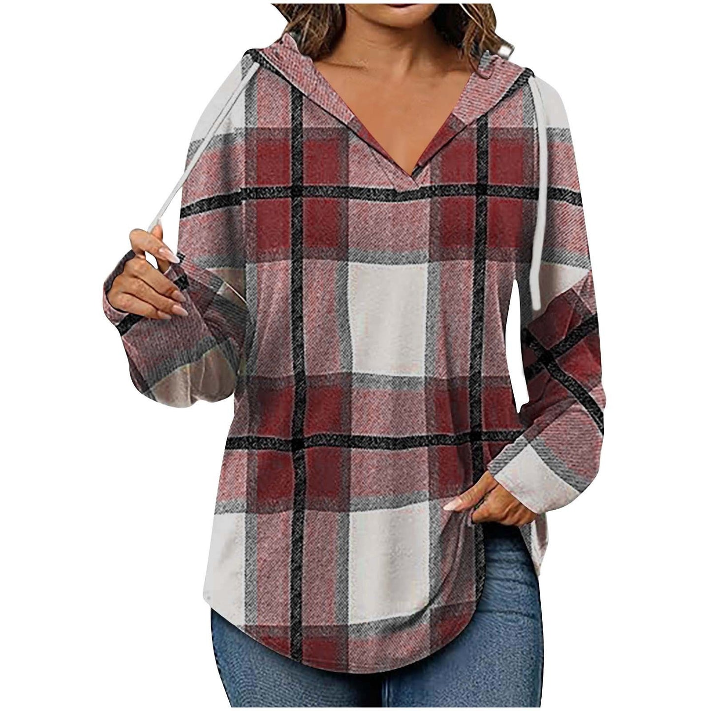 Hooded Pullover V-neck Adjustable Drawstring Casual Plaid Long Sleeve