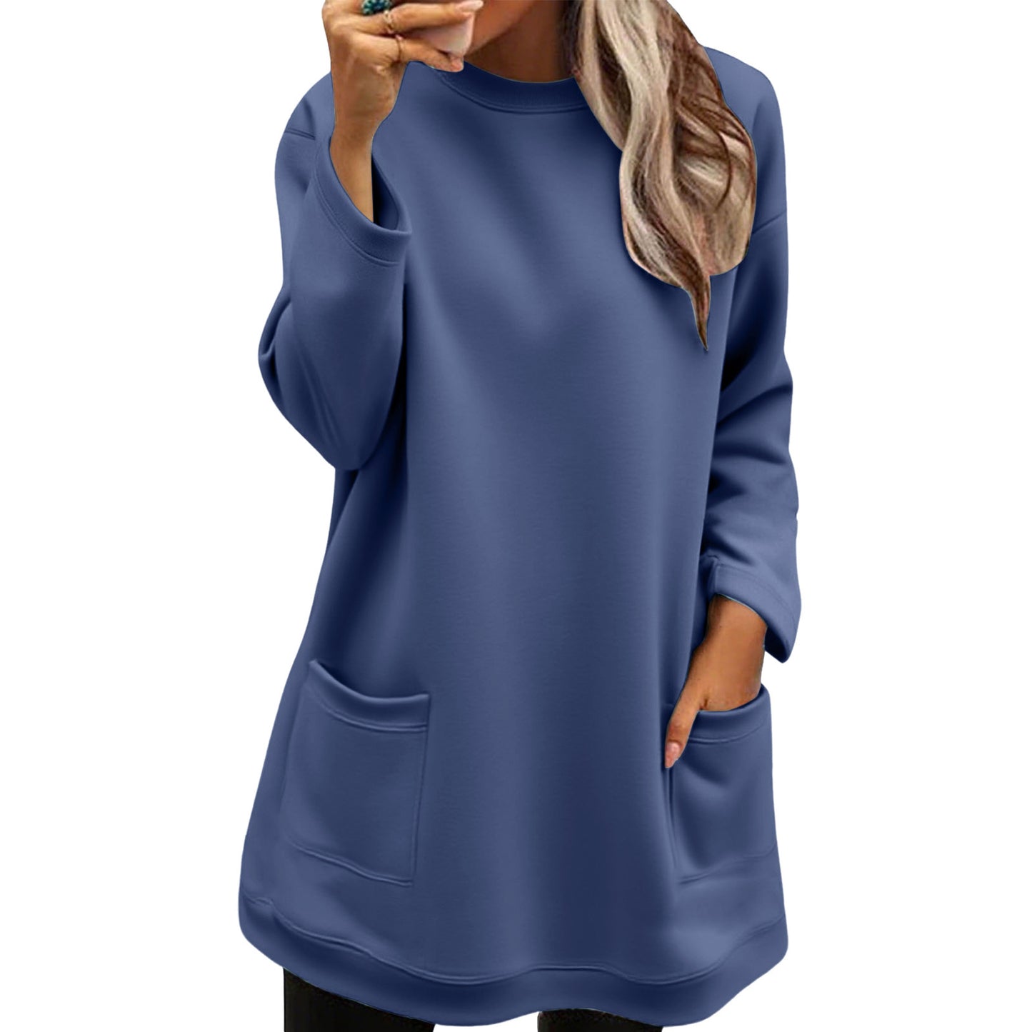 Pocket Pullover Crew Neck Long Sweatshirt