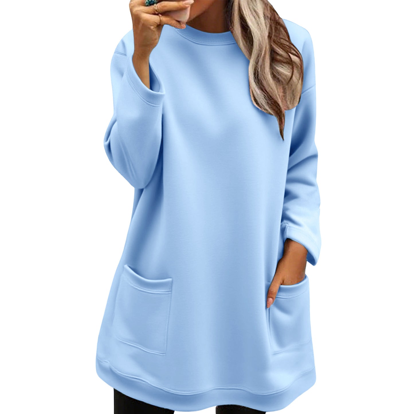 Pocket Pullover Crew Neck Long Sweatshirt