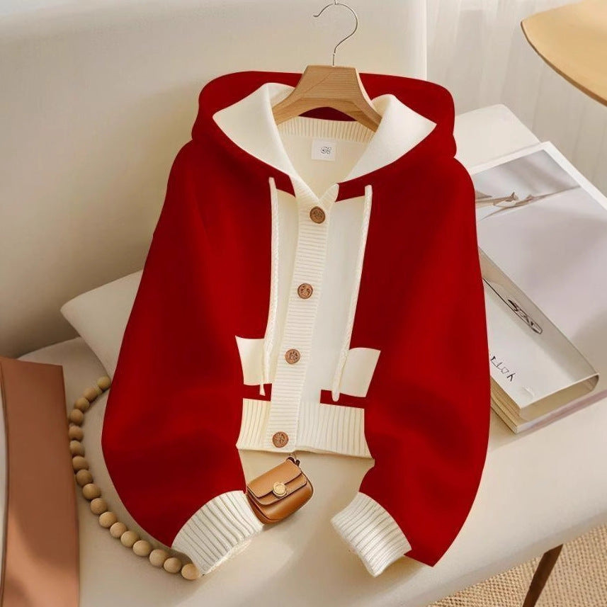 Red Hooded Single-breasted Knitted Cardigan Jacket