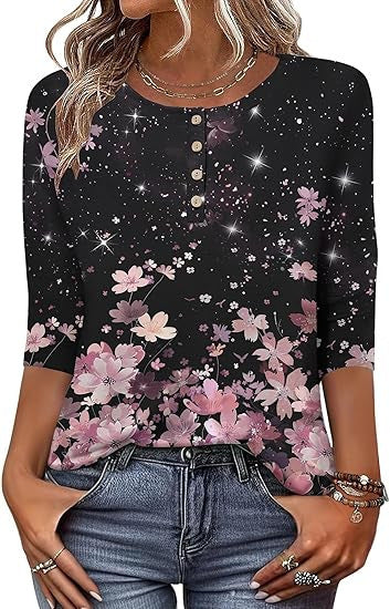 Printed 34 Sleeves Button Women's T-shirt