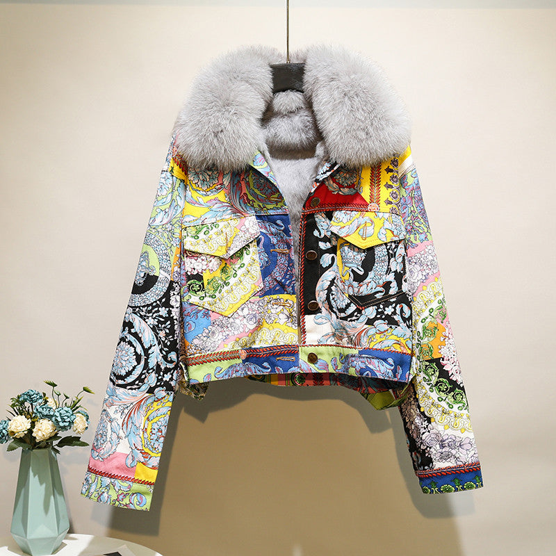 Women's Vintage Printing Denim Plush Thickened Coat