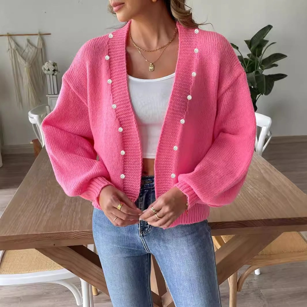 Women's Short Pearl Beaded Casual Loose Non-buckle Woven Sweater Coat