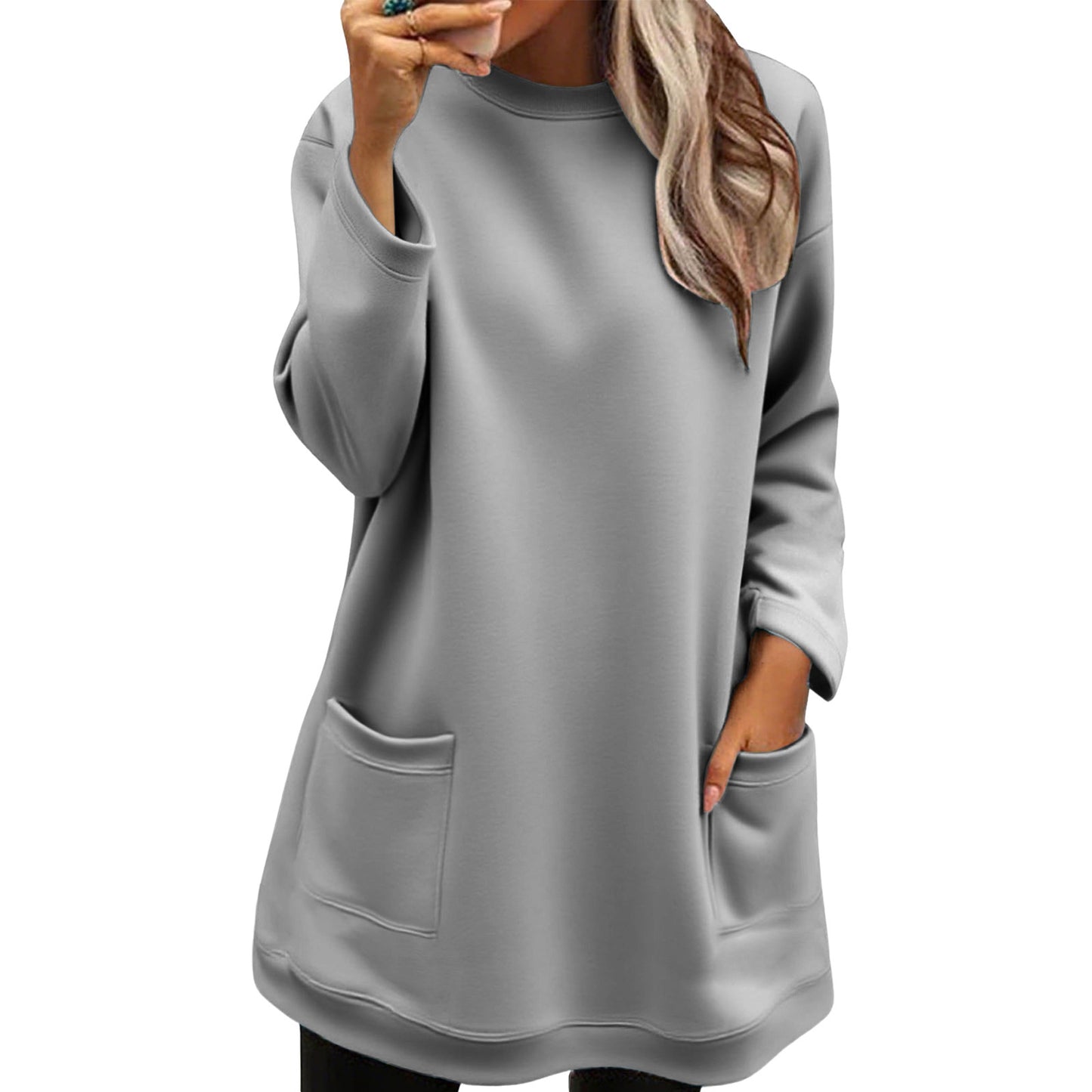Pocket Pullover Crew Neck Long Sweatshirt